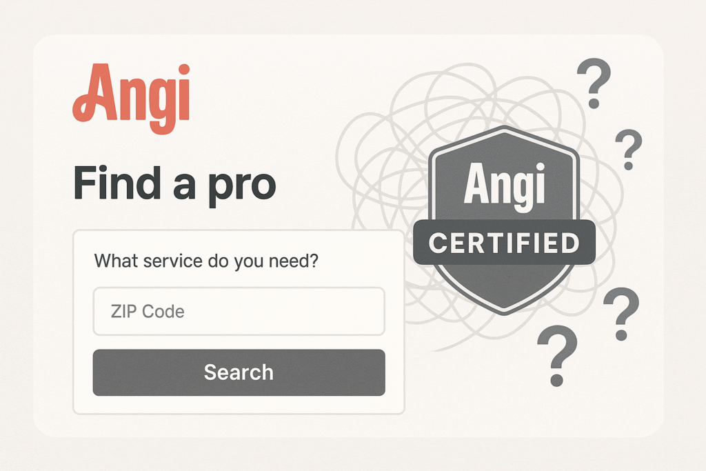 Screenshot of Angi's platform showing a service request interface and Angi Certified badge, highlighting user experience concerns.